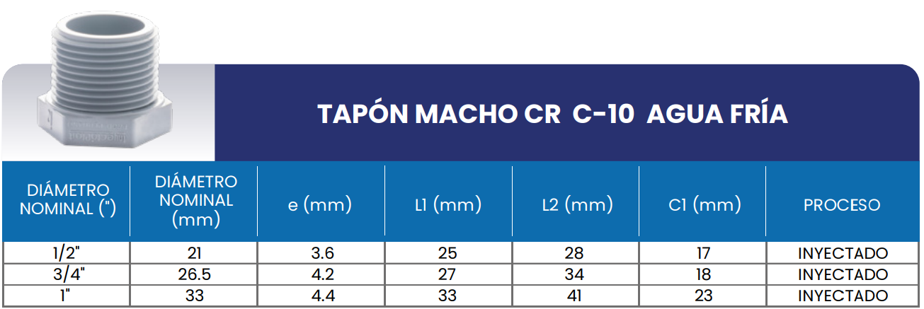 Medidas Tapon macho CR C-10 para agua fría