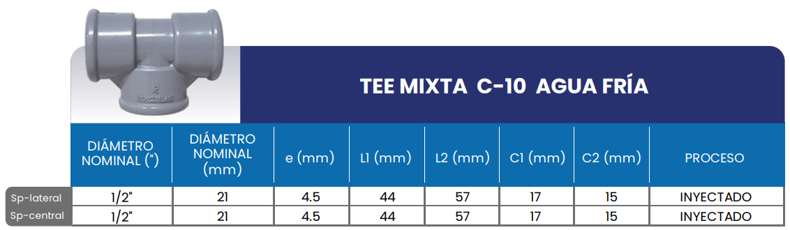 Medidas Tee mixta clase 10 para agua fría
